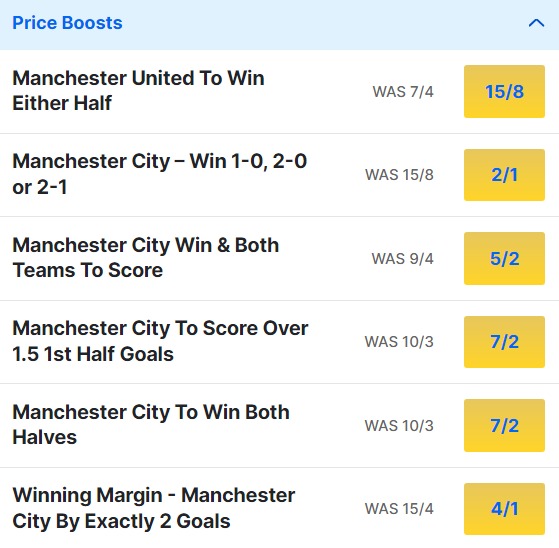 Man United v Man City Odds Price Boosts - Premier League 2023 24