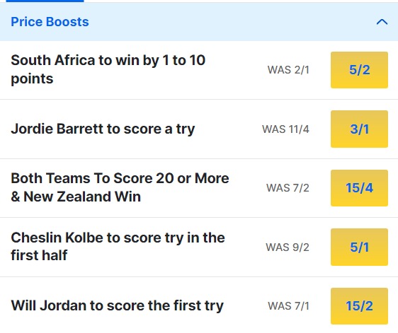 New Zealand v South Africa Odds Price Boosts - 2023 Rugby World Cup Final