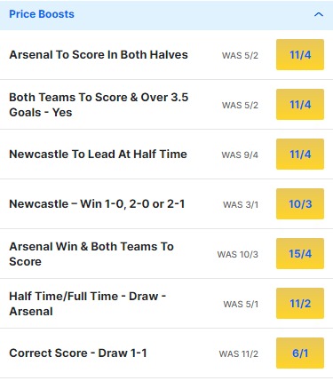 Newcastle v Arsenal Odds Price Boosts - Premier League 2023 24