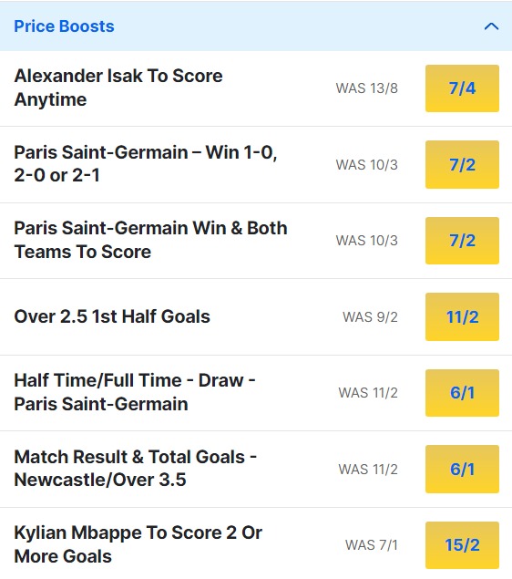 Newcastle v PSG Odds Price Boosts - 2023 24 Champions League