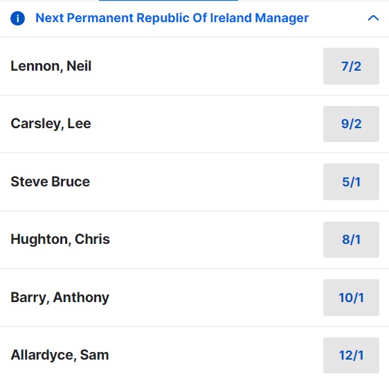 Next Republic of Ireland Manager Odds (2)