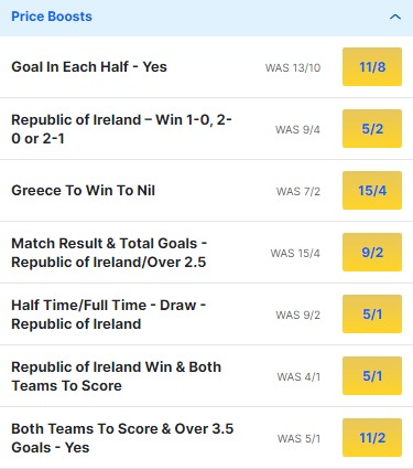 Rep. Of Ireland v Greece Odds Price Boosts - UEFA Euro 2024 Qualifier