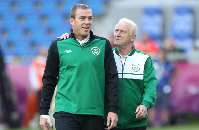 Richard Dunne with Republic of Ireland Manager Giovanni Trappatoni at training in 2012 BSI