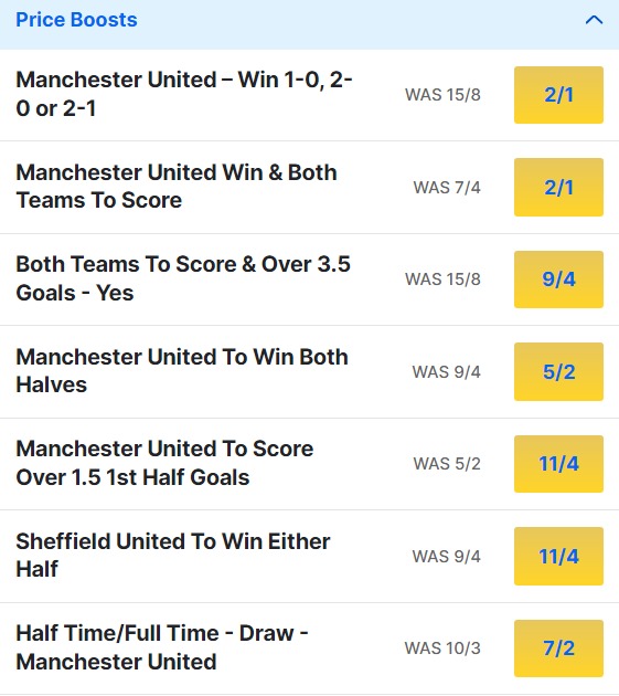 Sheffield United v Man United Odds Price Boosts - Premier League 2023 24