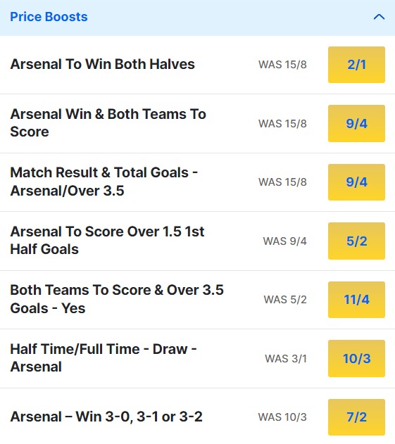 Arsenal v Lens Odds Price Boosts - Champions League 2023 24