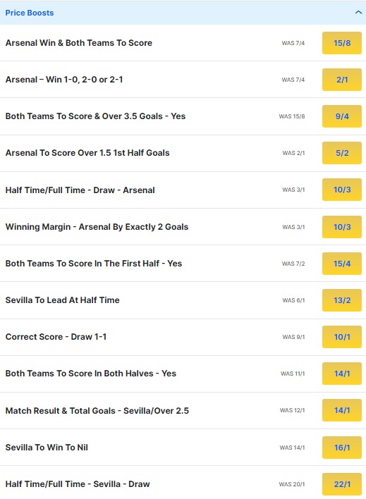 Arsenal v Sevilla Odds Price Boosts - Champions League 2023 24