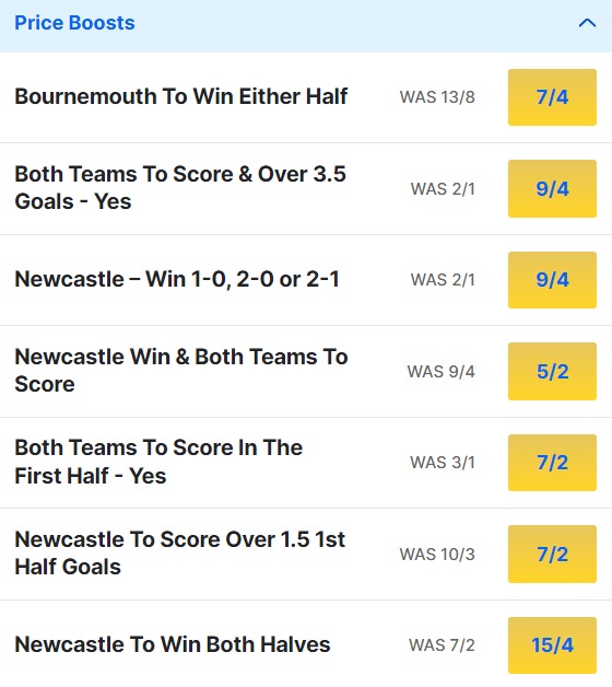 Bournemouth v Newcastle Odds Price Boosts - Premier League 2023 24