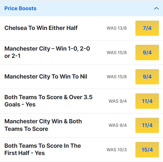 Chelsea v Man City Odds Price Boosts - Premier League 2023 24