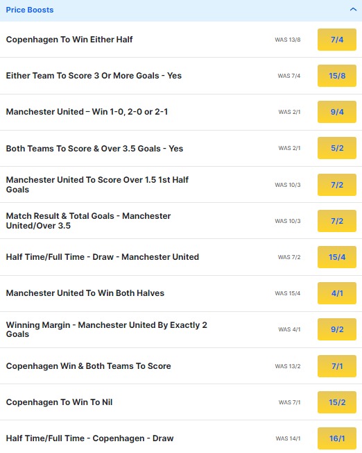 Copenhagen v Man United Odds Price Boosts - Champions League 2023 24