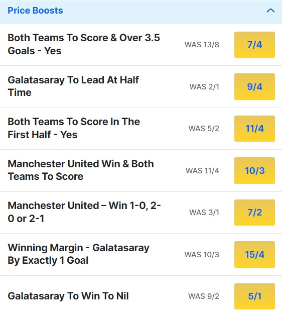 Galatasary v Man United Odds Price Boosts - Champions League 2023 24