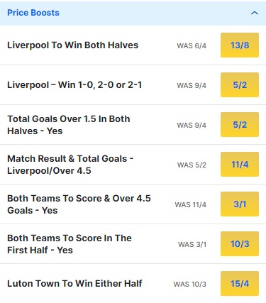 Luton Town v Liverpool Odds Price Boosts - Premier League 2023 24