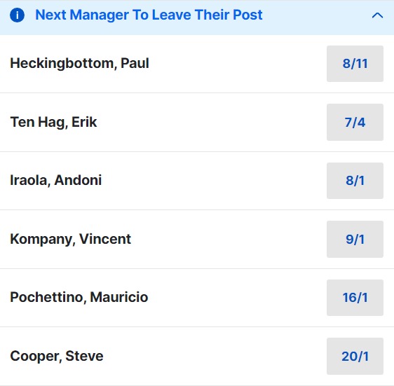 Next Premier League Manager To Leave Their Post Odds