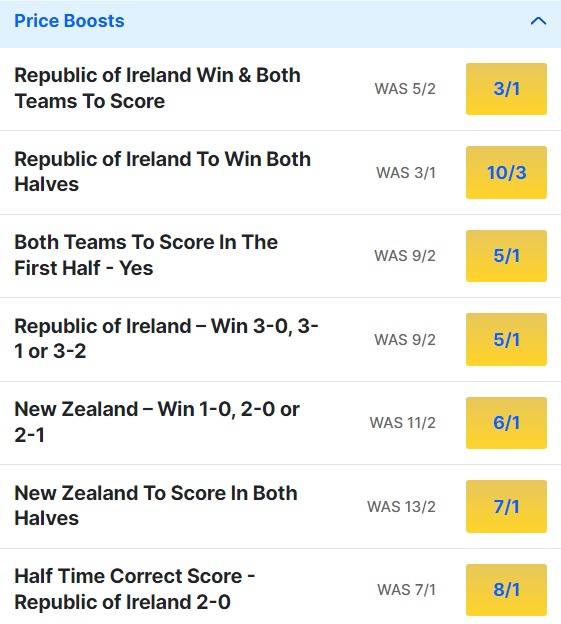 Rep. Of Ireland v New Zealand Odds Price Boosts - International Friendly 2024