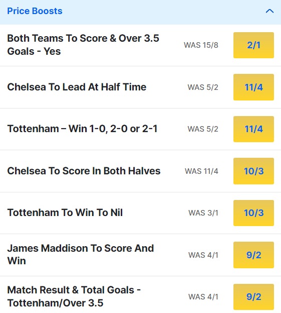 Tottenham v Chelsea Odds Price Boosts - Premier League 2023 24