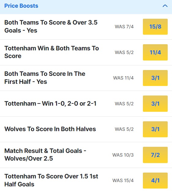 Wolves v Tottenham Odds Price Boosts - Premier League 2023 24