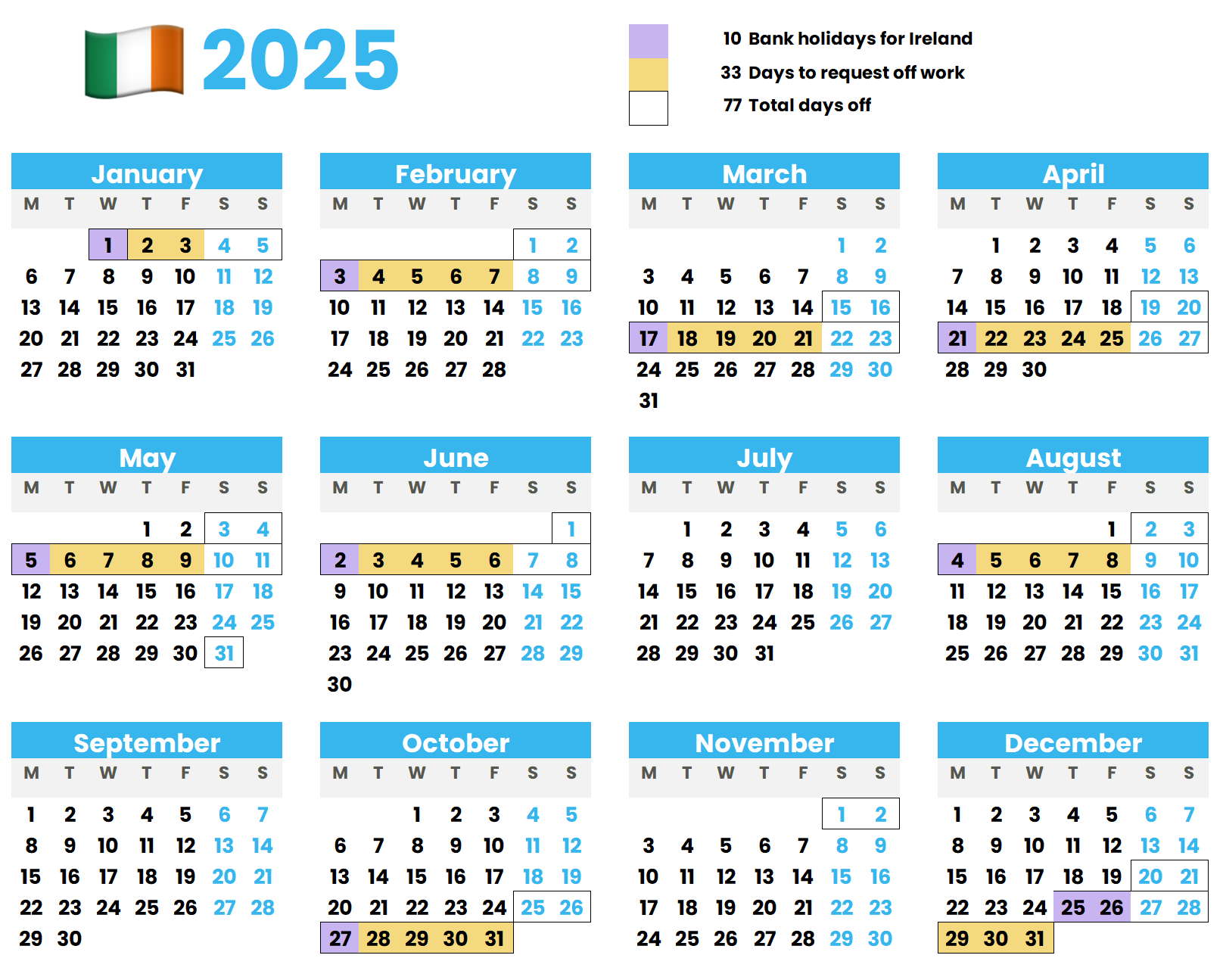 Calendar showing how to maximise annual leave for Ireland