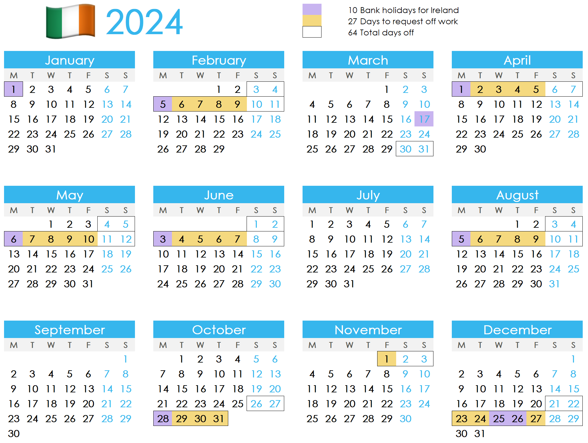 Calendar showing how to maximise annual leave in 2024 for Ireland