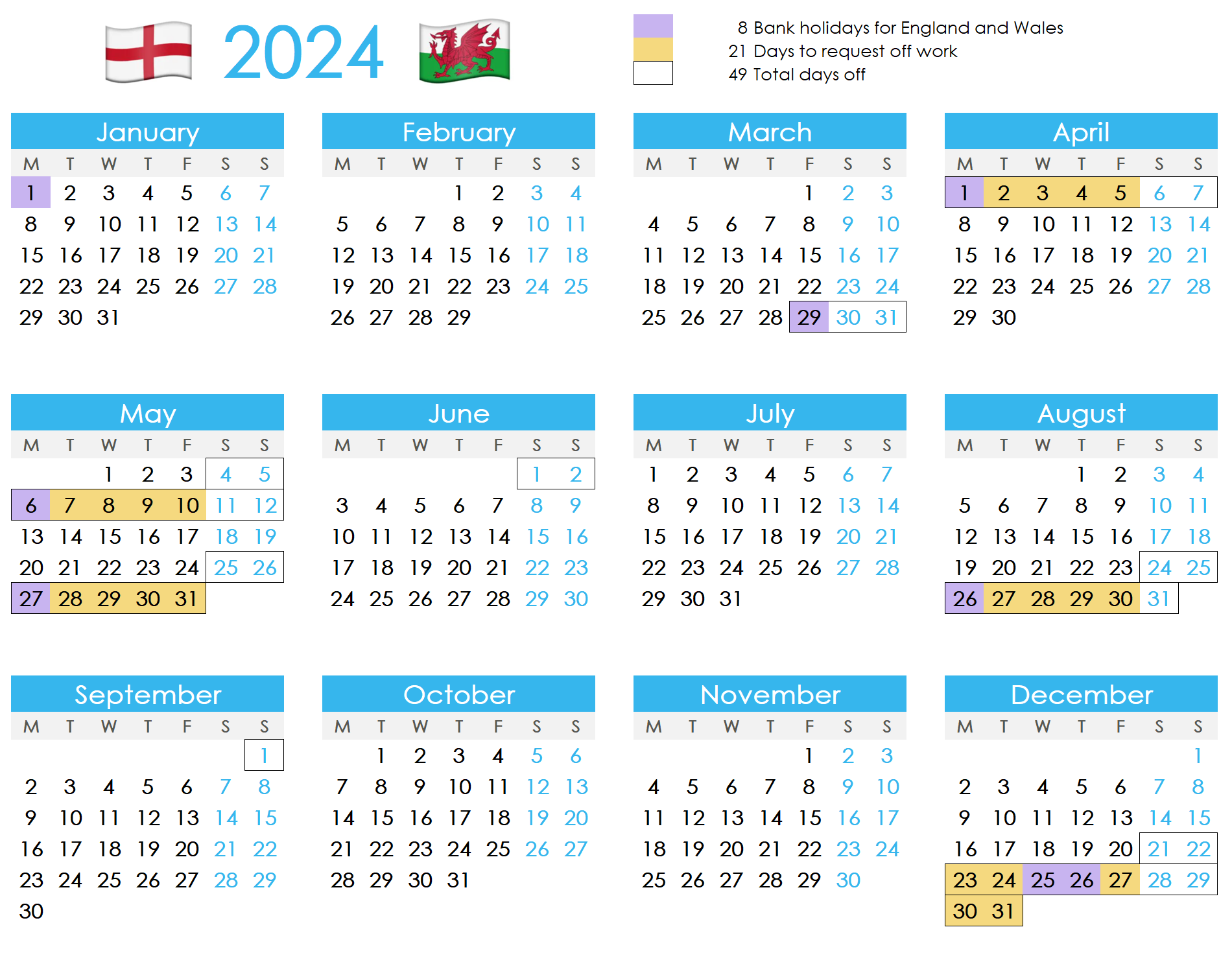 Calendar showing how to maximise annual leave in 2024 for uk england wales