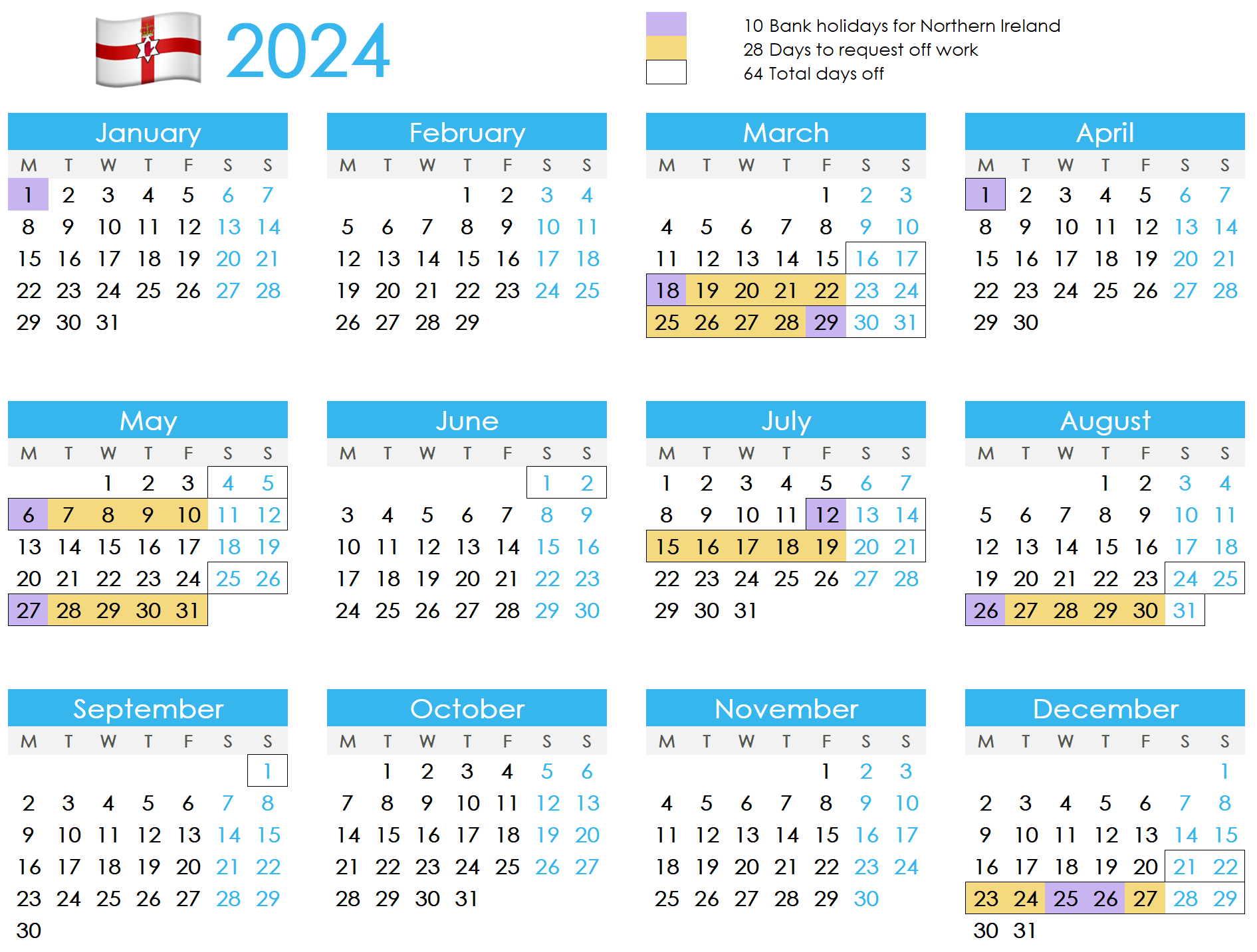 Calendar showing how to maximise annual leave in 2024 for uk northern ireland - NI