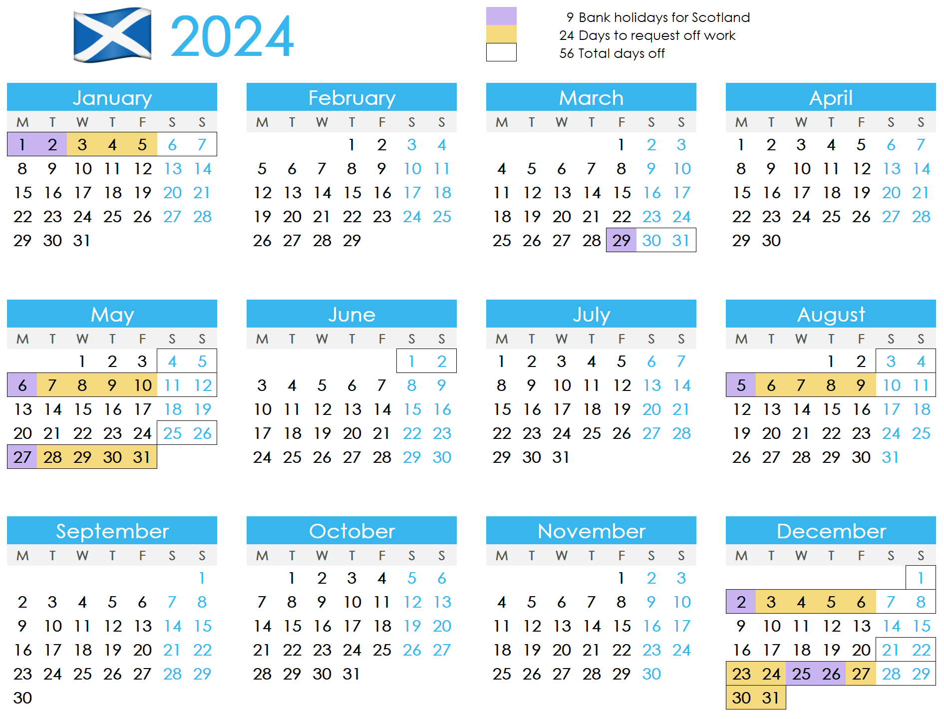Calendar showing how to maximise annual leave in Scotland UK 2024