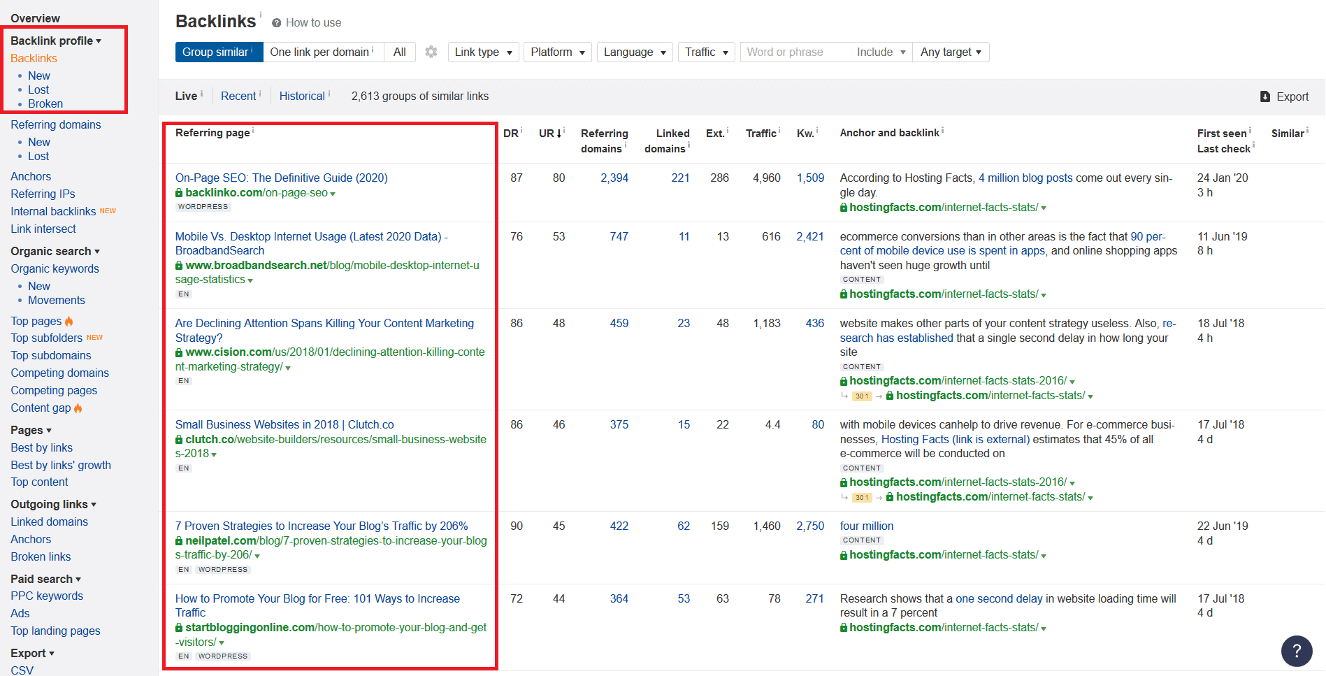 hostingfacts backlinks profile