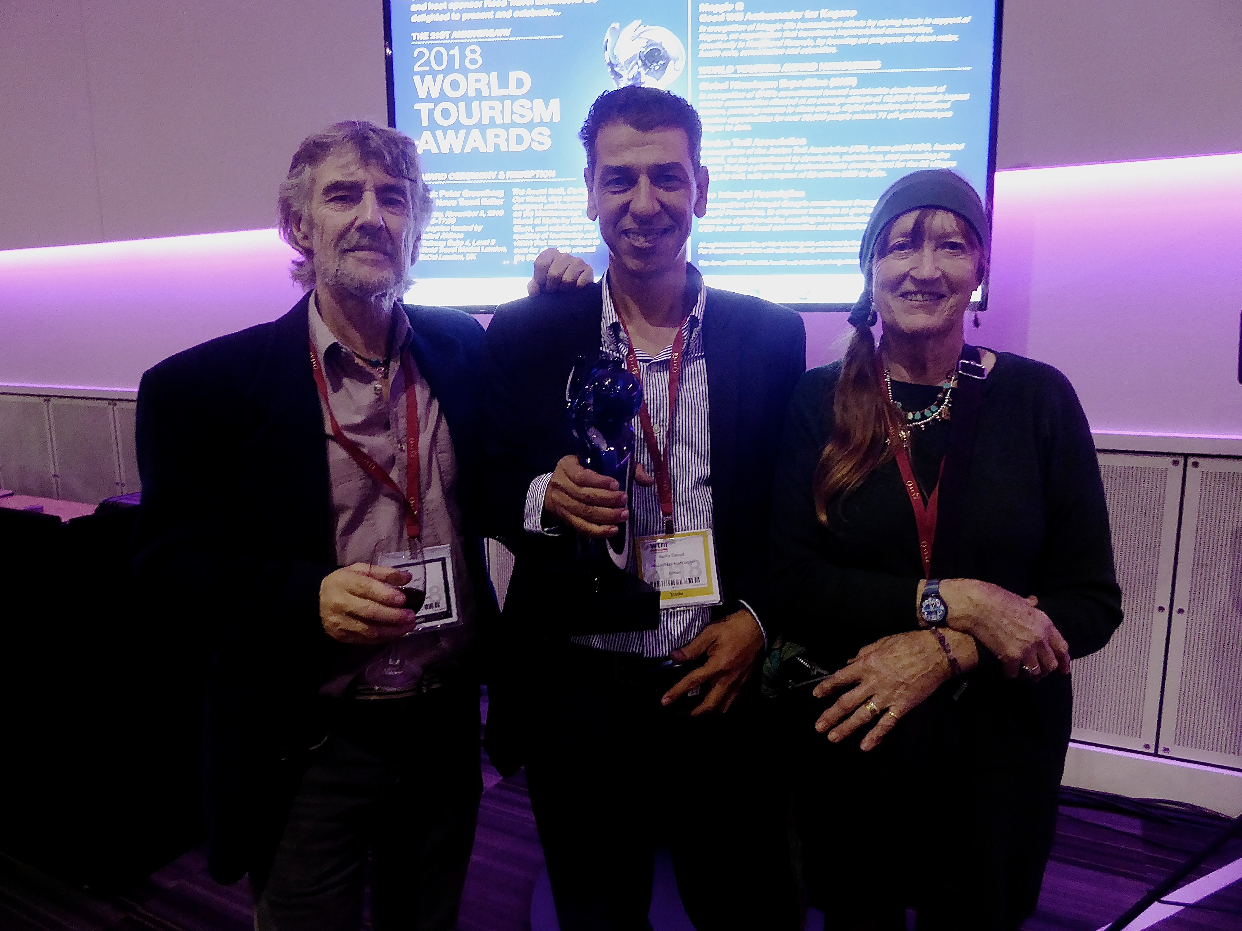 Bashir Daoud, CEO Jordan Trail Association (centre), with Tony and Di after the presentation of the World Tourism Award at this years World Travel Show in London.
