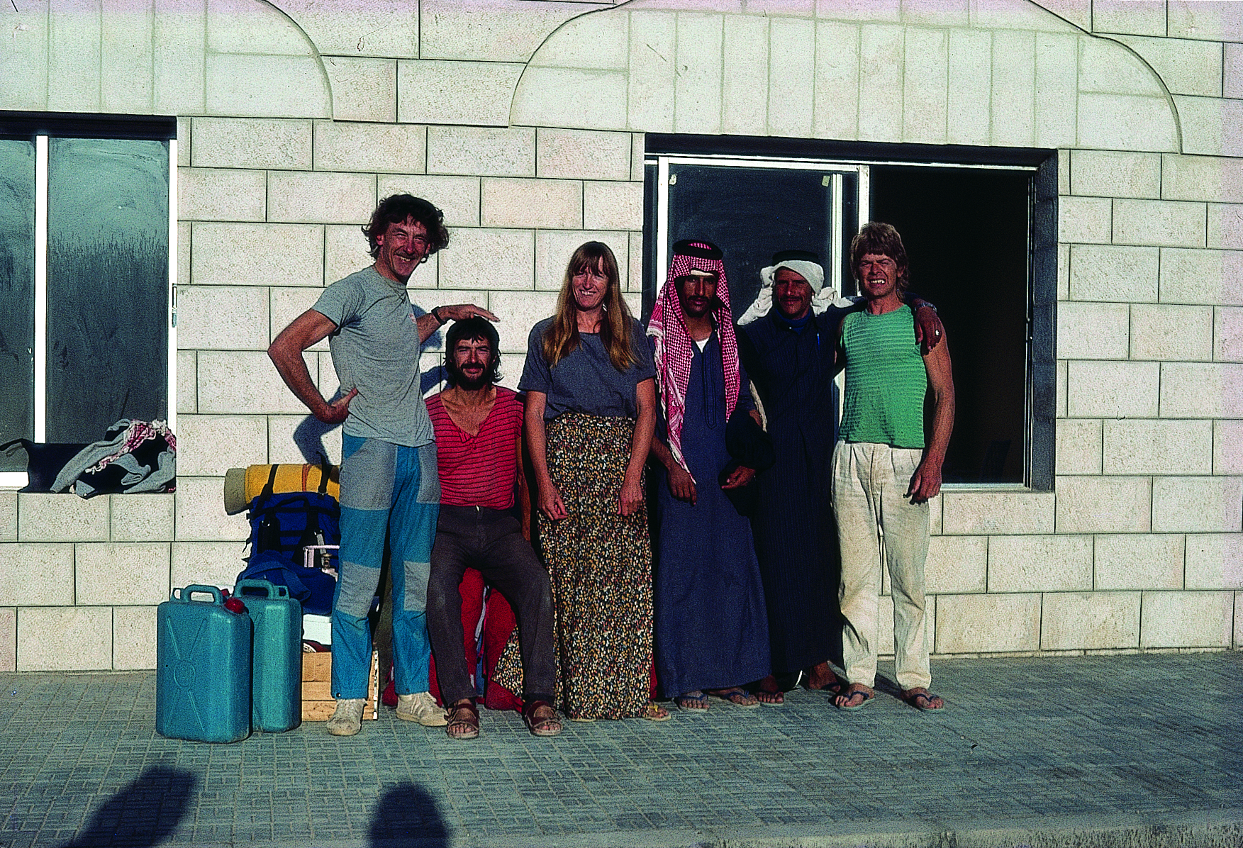 Discovering Wadi Rum, 1984. Alan Baker, Tony Howard, Di Taylor, Defallah and Sabbah Atieq and Mick Shaw.