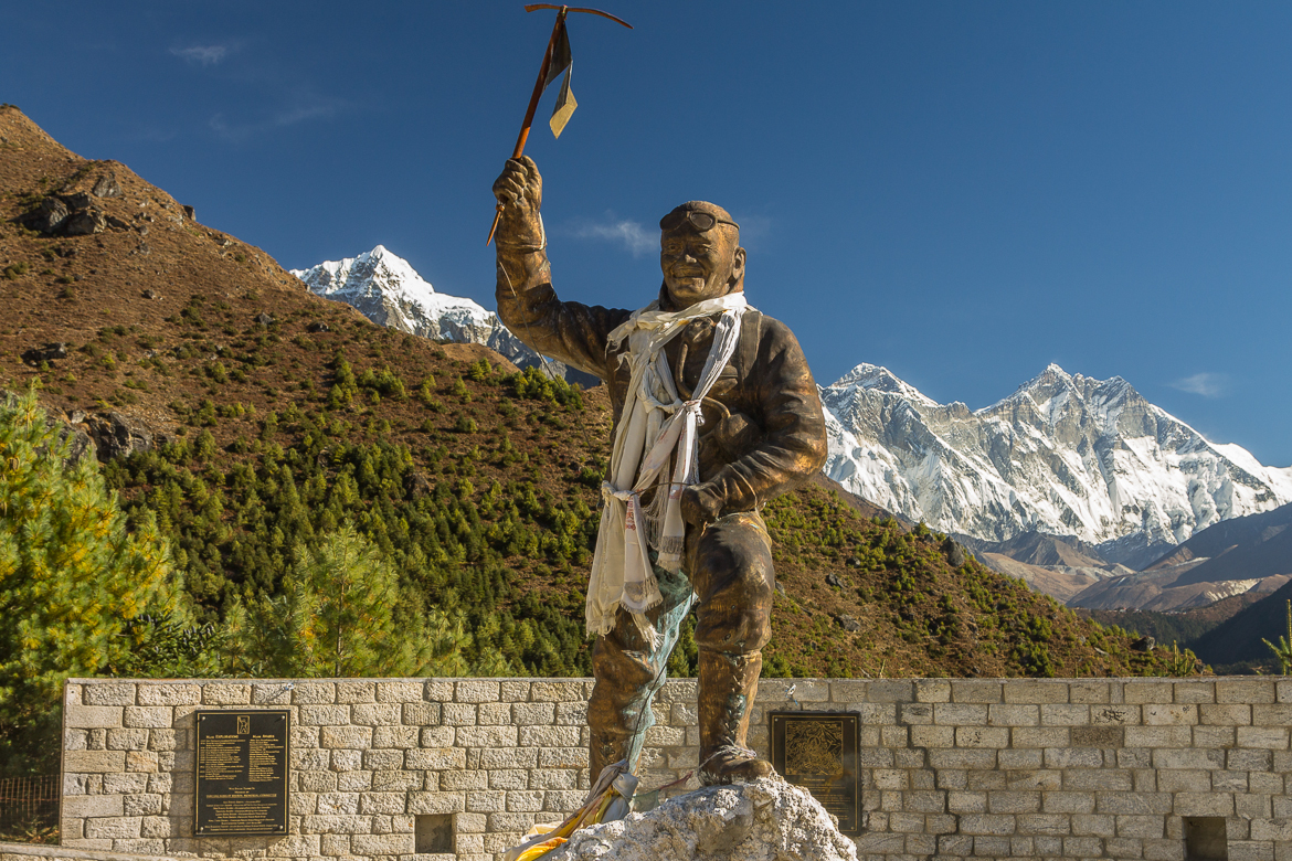 Statue Of  Tenzing  Norgay With Behind  Mount  Everest And  Lhotse Just Right Of It And  Taboche  Peak To The Left   Sagarmatha  National  Park  Unesco  World  Heritage  Site