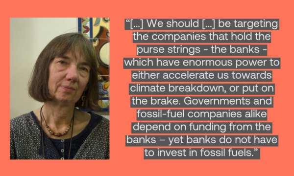 An image of a woman looking at the camera. Her quote to the left of her reads “[...] We should [...] be targeting the companies that hold the purse strings - the banks - which have enormous power to either accelerate us towards climate breakdown, or put on the brake. Governments and fossil-fuel companies alike depend on funding from the banks – yet banks do not have to invest in fossil fuels.”