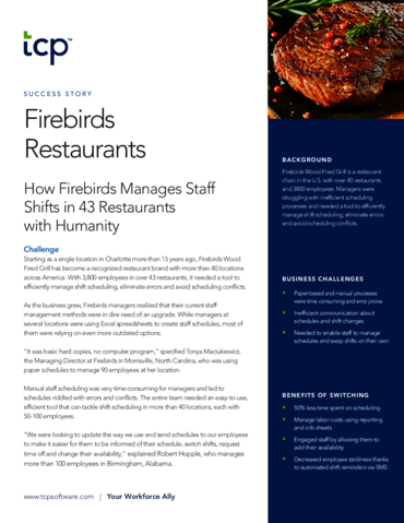 eBook cover of Case Study: How Firebirds Manages Staff Shifts in 43 Restaurants with Humanity