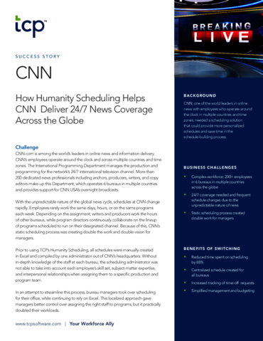 eBook cover of Case Study: How Humanity Scheduling Helps CNN Deliver 24/7 News Coverage