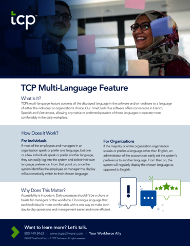 eBook cover of Fact Sheet: TimeClock Plus Multi-Language Feature